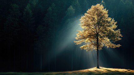 Poster - Lonely tree illuminated by sunlight in a tranquil forest setting.