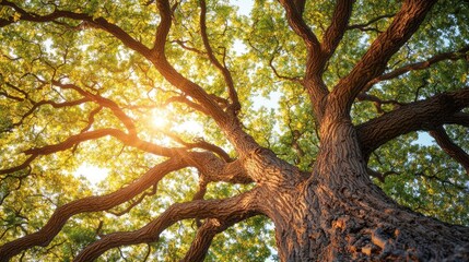 Aufkleber - Majestic tree with sunlight filtering through its lush green leaves.