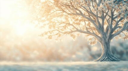 Aufkleber - Lone tree with soft sunlight, tranquil natural scenery, serene atmosphere.