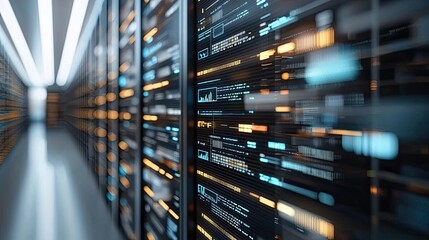Poster - Data server room with illuminated racks and high-tech digital displays.