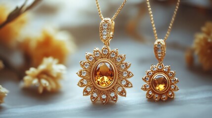 Poster - Intricate 3D gold necklace a radiant stone locket paired with matching earrings set against a clean softhued minimalistic background to enhance the luxurious essence of the jewelry