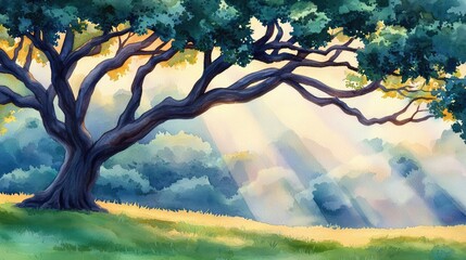 Poster - Lush tree casting shadows with golden sunlight in serene natural landscape.