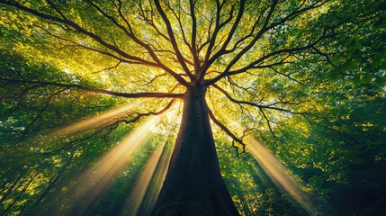 Aufkleber - Majestic tree with sunlight filtering through lush, green foliage.