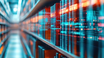 Poster - Modern digital library shelves with illuminated books and data visualization.
