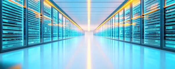 Poster - Futuristic data center with rows of servers and glowing lights, sleek and modern