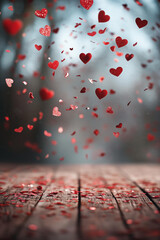  background is blurred, with red hearts confetti flying in the air and wooden rustic floors below. The photo backdrop features an empty floor for photography, suitable as a Valentine's Day backdrop 