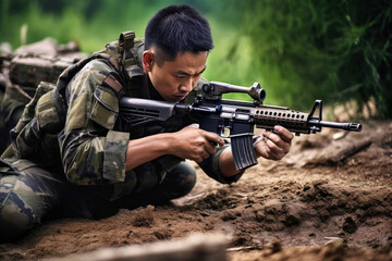 Chinese soldier in camouflage uniform aims strategically with a rifle during a military training exercise in a forest environment