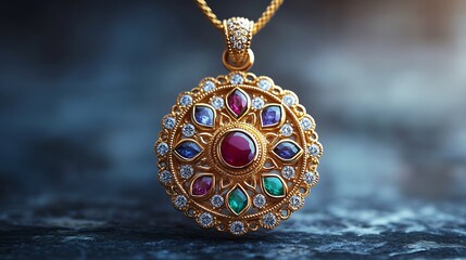Poster - Intricate 3D gold pendant sparkling diamonds and colored gemstones suspended on a simple matte background blending luxury and minimalism in a seamless design