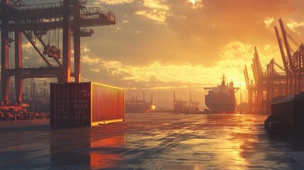 Wall Mural - Sunset Over Industrial Port with Shipping Containers