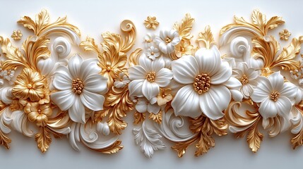 Poster - Intricate 3D golden Baroque ornament featuring detailed floral scrolls vintage leaf patterns set against a white background with luxurious historical elegance and rococoinspired decorative elements