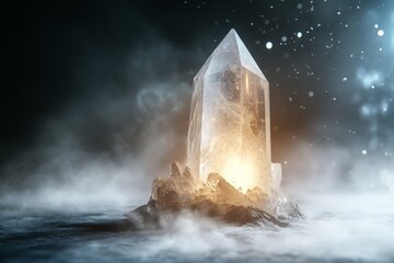 Poster - An illuminated crystal stands surrounded by mist and darkness, casting a warm, entrancing light that draws attention and signifies hope amidst the obscurity.