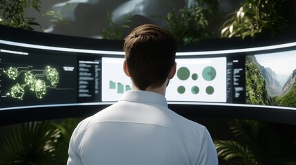 Poster - Eco-Conscious Tech Visionary: A man reviews data on a futuristic curved screen showcasing lush greenery, symbolizing sustainable technology and environmental progress.