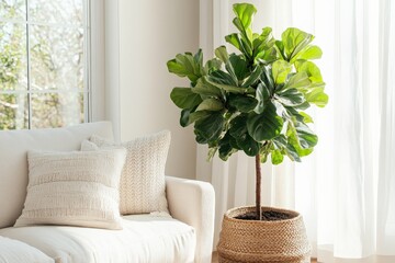 Poster - A vibrant fiddle leaf fig tree thrives in a sunlit living room, next to a cozy white sofa accentuated with textured pillows, basking in natural light.