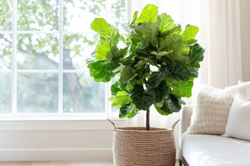 Aufkleber - A lush greenery arrangement by a large sunlit window, adjacent to a cushy white sofa with knit throw pillows, creating a serene ambiance in the room.