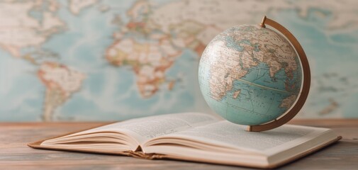 A globe sits on an open book with a world map background, symbolizing exploration and knowledge.