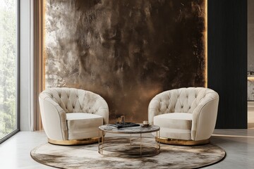 Poster - A modern interior design showcasing elegant beige chairs set beside a marble table, exuding sophistication and comfort in a serene, light-filled room.