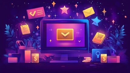 Poster - a computer monitor with a checkmark icon and email symbol on the screen. there are several other ico