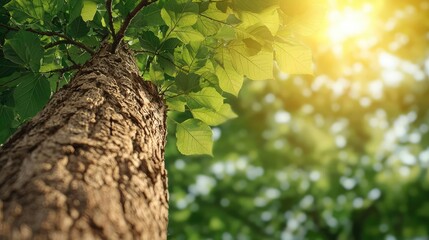 Poster - Tree trunk with vibrant leaves and sunlight filtering through a lush forest