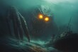 © ChaoticMind - An enormous sea monster with fiery glowing eyes surfaces amid turbulent waters as it approaches a distant ship, epitomizing fear and the unknown at sea.