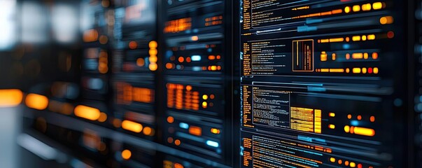 Poster - Close-up of server rack with glowing lights and digital displays, dark background.