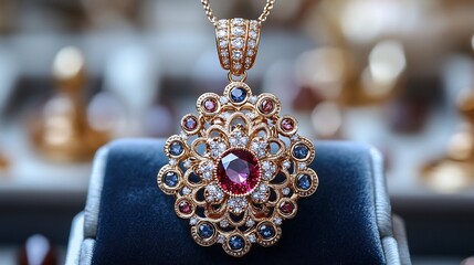 Poster - Intricate gold pendant baroque ornamentation set with diamonds and gemstones presented on a luxurious velvet background in a highend jewelry showroom