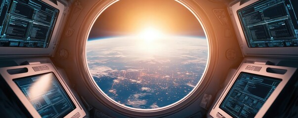 Poster - View of Earth from a spacecraft window with sunrise in the background.