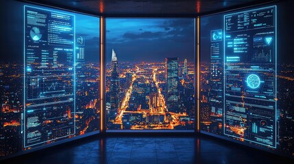 Aufkleber - Futuristic city view with digital screens displaying data insights at night.