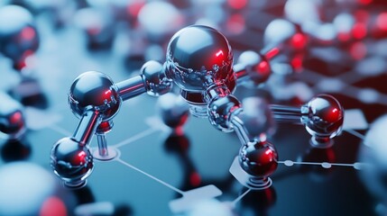Poster - A 3D rendering of a molecule with metallic spheres and connecting rods against a blue and red background with a blurred background of other molecules.