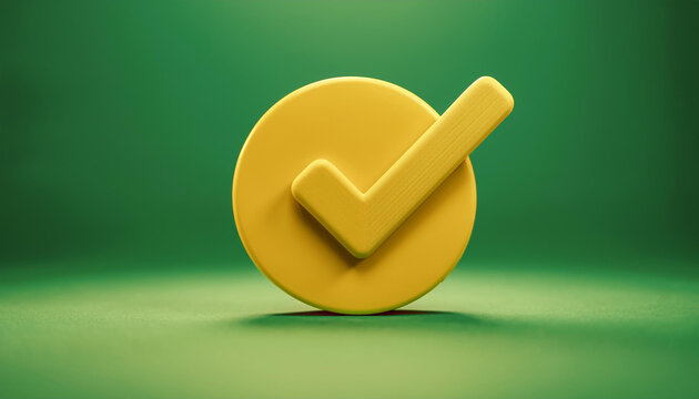 Yellow 3D tick icon, done symbol, check mark on green background.