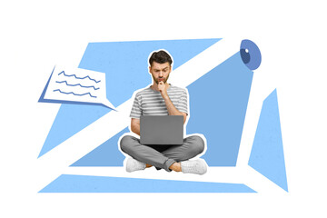 Leinwandbilder - Creative trend collage of serious suspicious young businessman computer internet user big eye spying personal data cybersecurity
