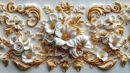 Poster - Intricate golden filigree Baroque floral ornamentation with swirling rococoinspired details richly decorating an elegant white background with ornate regal frames and vintage elements