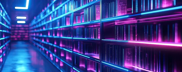 Poster - Futuristic library with illuminated shelves and neon lights in a digital environment.