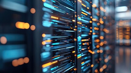 Aufkleber - Close-up of a data center server with glowing LED lights, modern technology background.
