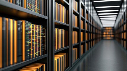 Poster - Modern library interior with shelves filled with books, perspective view.