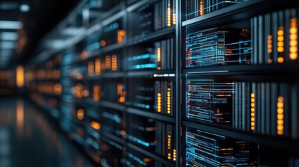 Poster - Data center with server racks and illuminated connections.