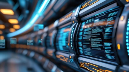 Poster - Futuristic data center with glowing lines and digital interfaces, blue and black tones.