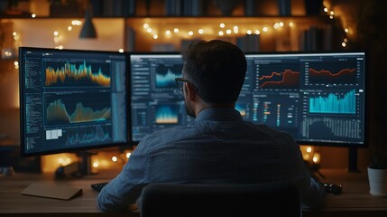 Poster - A businessman working late at night, analyzing financial data on multiple computer screens in a dimly lit room.