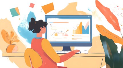 Poster - Woman Working on Computer with Colorful Abstract Background