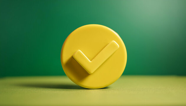 Yellow 3D tick icon, done symbol, check mark on green background.