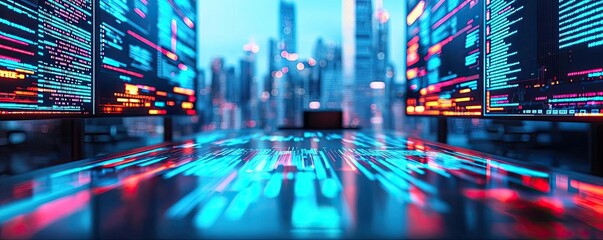 Aufkleber - Futuristic data center with glowing screens and abstract cityscape background