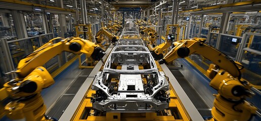 A car body moves along an assembly line, being worked on by robotic arms.