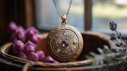 Fototapete - Intricate goldwork a vintage locket with precious gemstones dangling from an elegant gold chain exuding timeless luxury and craftsmanship