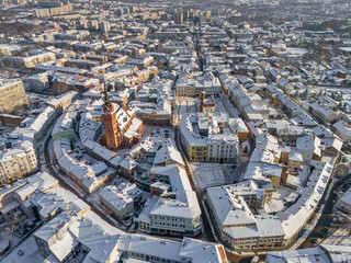 Wall Mural - Aerial view of the Tarnow market square at snowy day in Poland