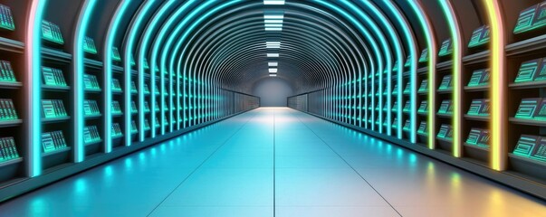 Poster - Futuristic tunnel with glowing shelves and vibrant blue lighting.