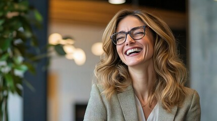 Wall Mural - Joyful Woman Smiling in Modern Office Setting