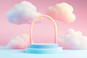 Wall Mural - 3d cartoon illustration with dreamy pastel clouds and archway