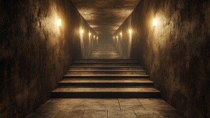 Canvas Print - A dark, narrow tunnel with a few lights on