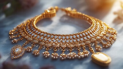 Poster - Intricately designed 3D gold necklace shimmering stones paired with elegant earrings and a matching locket displayed on a minimalistic matte background to enhance the luxury and modernity