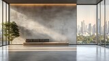 Modern Empty Exhibition Room with Concrete Wall and City Skyline View