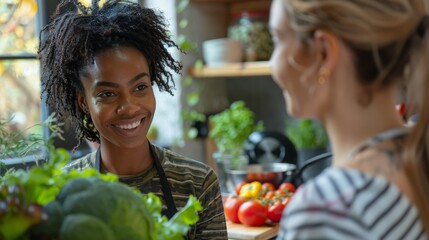 Nutritionist Shares Insights on Healthy Eating with Enthusiastic Client in Vibrant Kitchen Setting